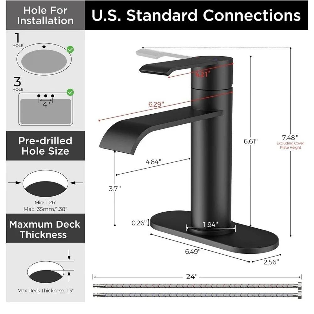 FORIOUS Matte Black Waterfall Bathroom Faucet w/ Pop Up Drain